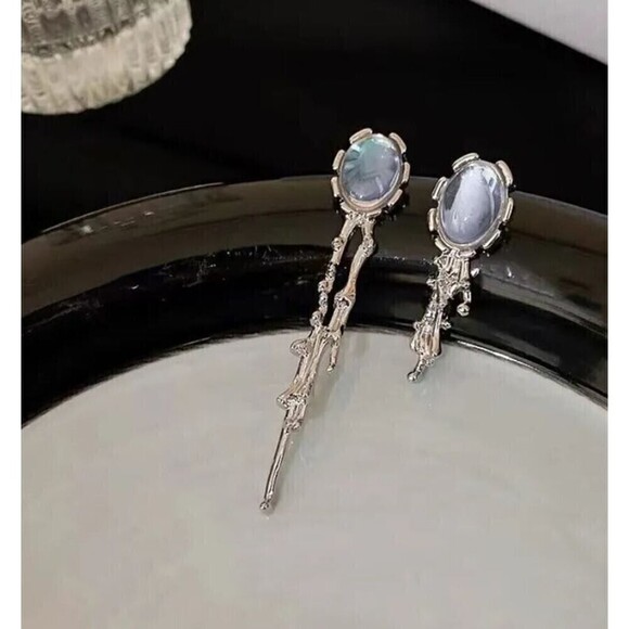 Drop Earrings Faux Moonstone Asymmetrical Assym Romantic Goth Gothcore Gothic - Picture 4 of 6